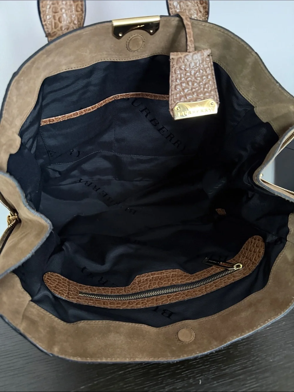 Burberry Brown Suede & Croc-Trim Satchel with Gold Hardware
